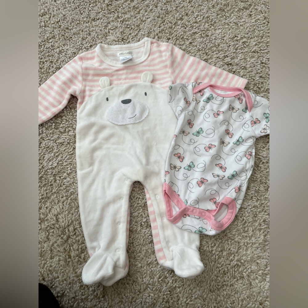Baby girl striped pink fuzzy bear footie pjs and butterfly onesie set